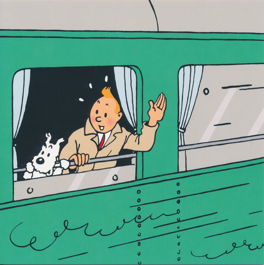 Tintin and Snowy waving from green train window, cartoon illustration on notecard for fans of classic comic series