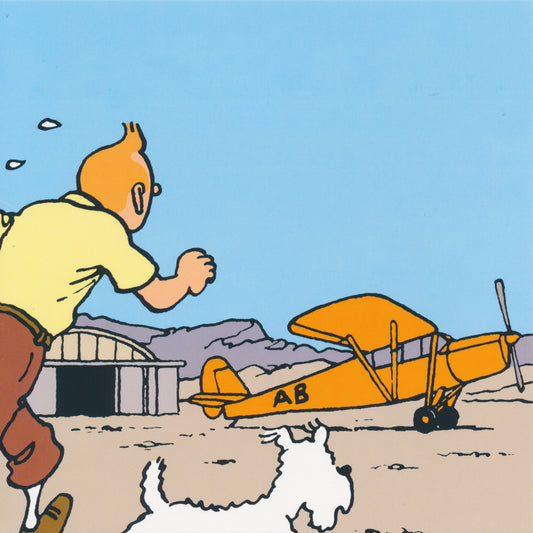 Tintin and Snowy running towards yellow airplane on note card, capturing iconic comic adventure scene