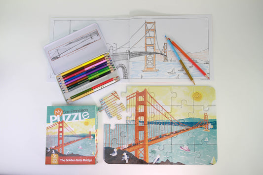 San Francisco gift set: Golden Gate Bridge puzzle, coloring page, and colored pencils for interactive exploration of iconic landmark