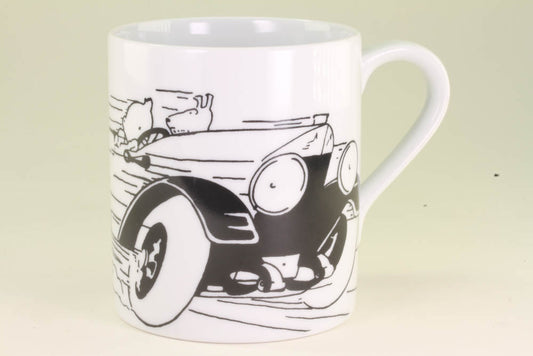 Tintin Land of Soviets mug featuring vintage car illustration, black and white design on white ceramic cup