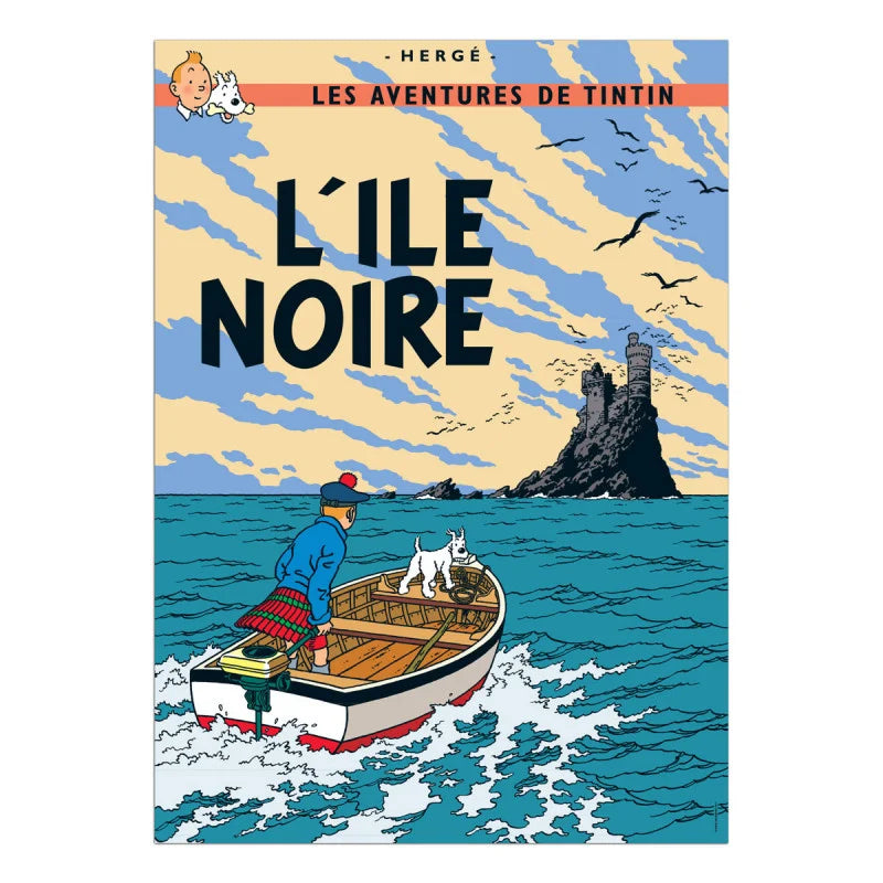 Official French Tintin poster for "L'île Noire" featuring Tintin and Snowy in a small motorboat approaching a dark, mysterious stone castle on a rocky cliffside island.