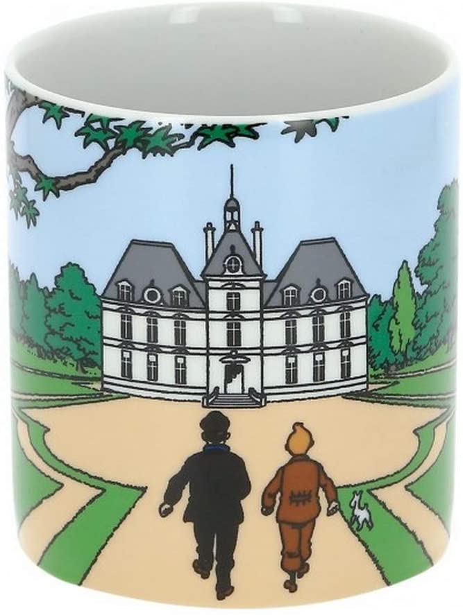 Close-up of the Tintin porcelain mug showcasing a vibrant, full-color illustration of Tintin, Captain Haddock, and Snowy from behind as they walk down a path toward the grand, white facade of Marlinspike Hall (Moulinsart Castle), surrounded by lush green lawns and detailed trees under a bright blue sky.