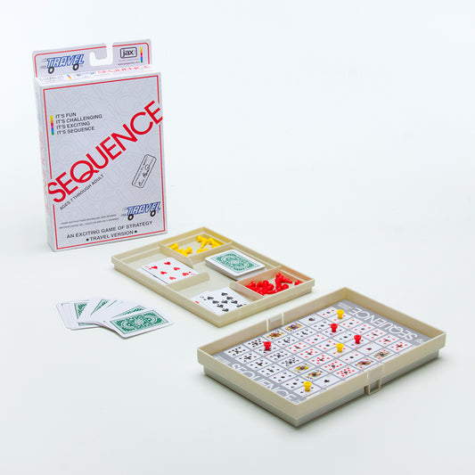 Travel Sequence game components: box, cards, game board with pegs, and storage tray for portable strategy gameplay