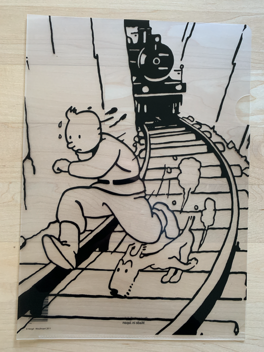 Tintin and Snowy fleeing train on A4 folder cover, Japanese-made plastic file with vivid printing, 2011 collectible