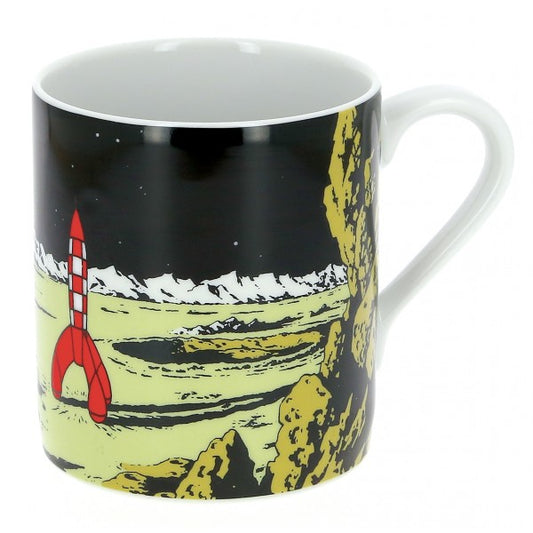Tintin moon rocket mug featuring iconic lunar landing scene from Explorers on the Moon comic, porcelain collectible