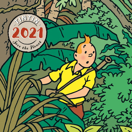 Tintin 2021 wall calendar cover featuring cartoon character exploring lush jungle, highlighting environmental theme