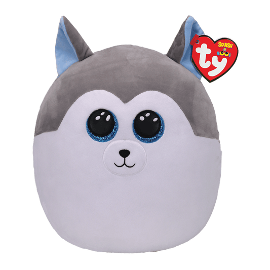 Ty Squish-a-Boo Slush husky plush with big blue eyes, gray and white fur, and soft round body shape
