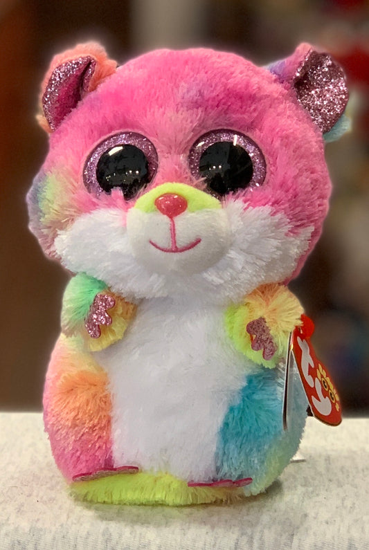 Colorful Ty Beanie Boo Rodney Hamster plush toy with large sparkly eyes, pink fur, and rainbow-colored accents