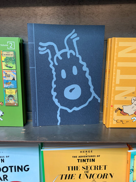 Tintin book collection featuring 'The Secret of the Unicorn' and blue notebook with cartoon character design on shelf