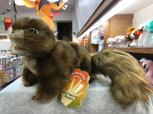 Realistic Folkmanis red squirrel puppet with movable mouth displayed in toy store, tag visible, other toys in background