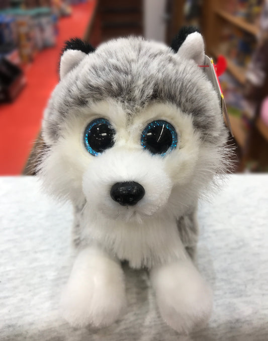 Ty Beanie Baby Baltic: Soft grey and white husky plush with large blue eyes, 6 inches tall, on display
