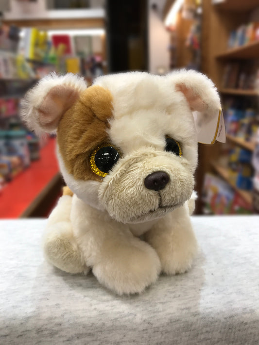 Ty Beanie Baby Houghie, tan and white pug plush toy with large glittery eyes, sitting in a toy store display