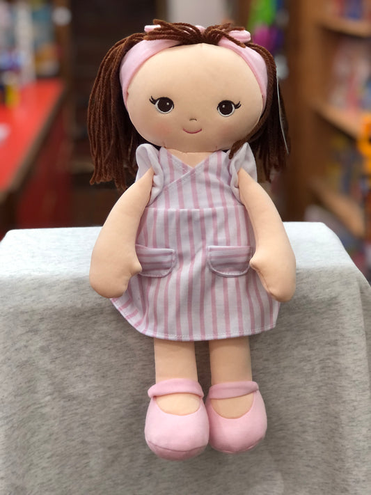 Baby Gund toddler doll in pink striped dress with brown hair, friendly embroidered face, and pink shoes, perfect for imaginative play