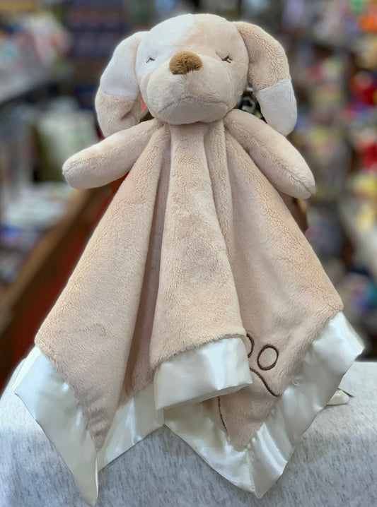 Soft tan puppy plush snuggler with satin trim and embroidered details, perfect for cuddling and infant-safe comfort