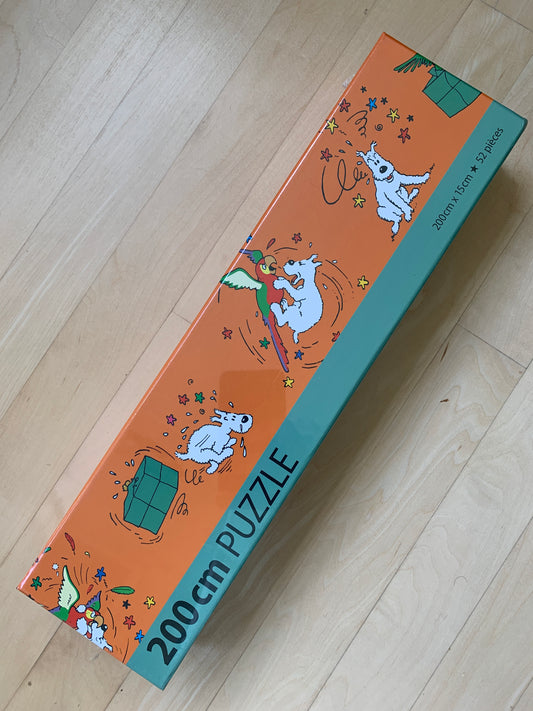 Snowy and Parrot 200cm puzzle box with colorful illustrations of playful dogs and parrots, 52 large pieces for kids