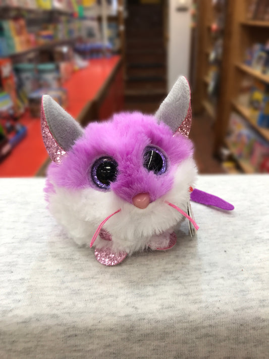 Ty Puffies Colby purple and white mouse plush toy with big sparkly eyes and glittery ears, sitting on display in store