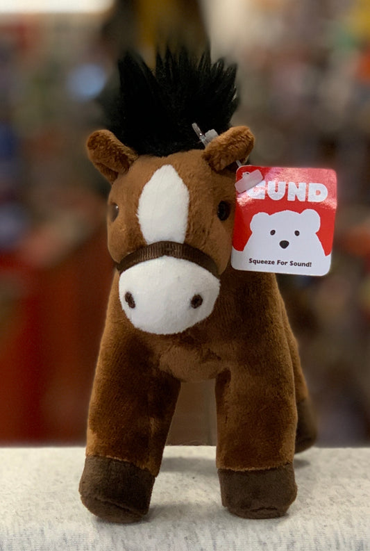 Gund brown plush horse toy with black mane, 4.5 inches tall, featuring sound effects and "Squeeze for Sound" tag