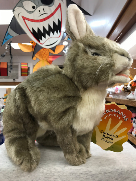 Lifelike Folkmanis cottontail rabbit puppet, 15 inches tall, with movable mouth and paws, sitting alert in toy store display