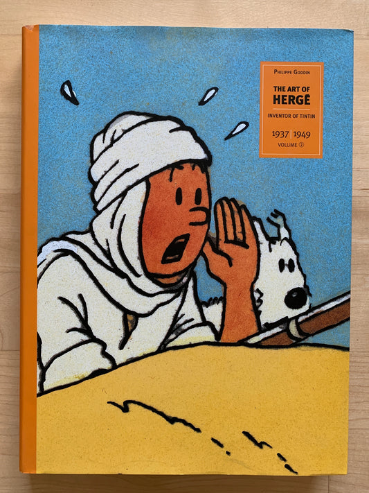 Book cover of "The Art of Herge" featuring Tintin character in white robes and turban, with Snowy dog, from 1937-1949 period