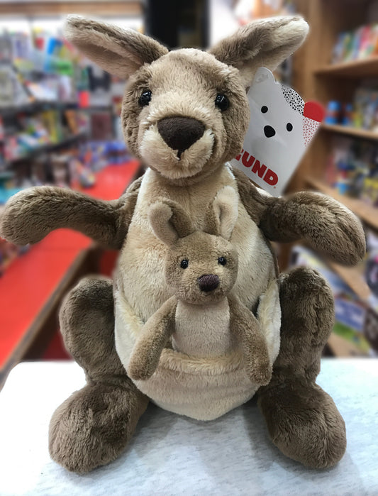Gund Jirra plush kangaroo with removable joey in pouch, realistic features, soft brown fur, on display in toy store