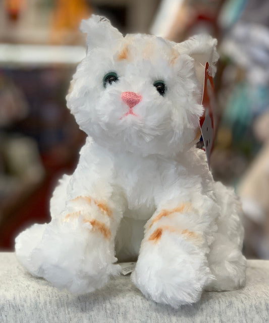 Gund Bootsie white cat plush toy, fluffy 11-inch stuffed animal with green eyes and pink nose, sitting on display