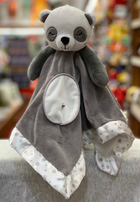 Cute gray panda baby plush toy with white belly, polka dot border, and embroidered face, perfect for snuggling