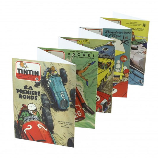 Vintage Tintin Magazine postcards featuring Jean Graton's racing illustrations from Michel Vaillant comic series
