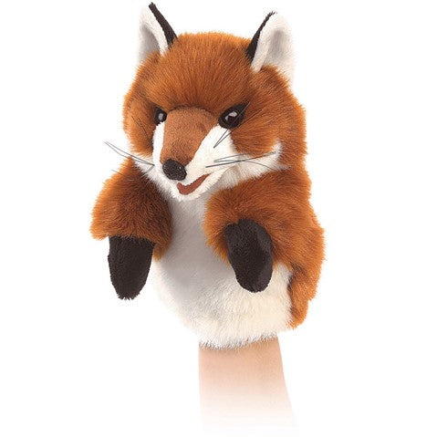 Folkmanis Little Fox hand puppet with movable mouth and forelegs, plush orange fur and white belly, ideal for children's storytelling