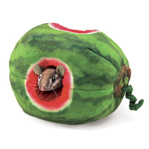 Folkmanis chipmunk puppet peeking out of plush watermelon toy, inspiring hide-and-seek play for children