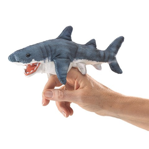 Folkmanis mini shark finger puppet held in hand, showing plush gray shark with open mouth for imaginative sea play