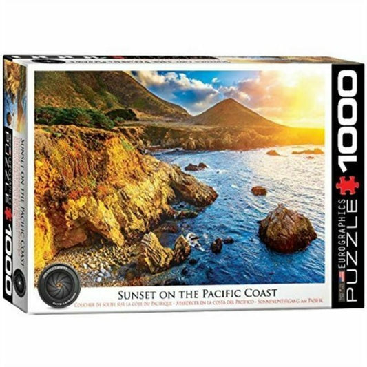 EuroGraphics 1000-piece puzzle box featuring a vibrant sunset over rugged Pacific Coast cliffs and ocean waves